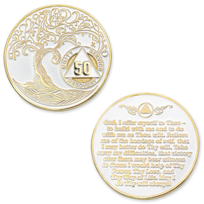 50 Year Sobriety Mint Twisted Tree of Life Gold Plated AA Recovery Medallion - Fifty Year Chip/Coin - White + Velvet Case