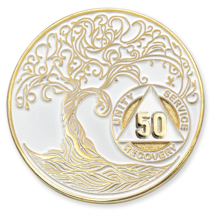 50 Year Sobriety Mint Twisted Tree of Life Gold Plated AA Recovery Medallion - Fifty Year Chip/Coin - White