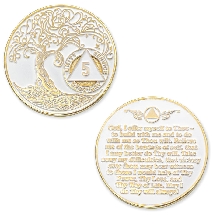 5 Year Sobriety Mint Twisted Tree of Life Gold Plated AA Recovery Medallion - Five Year Chip/Coin - White + Velvet Case