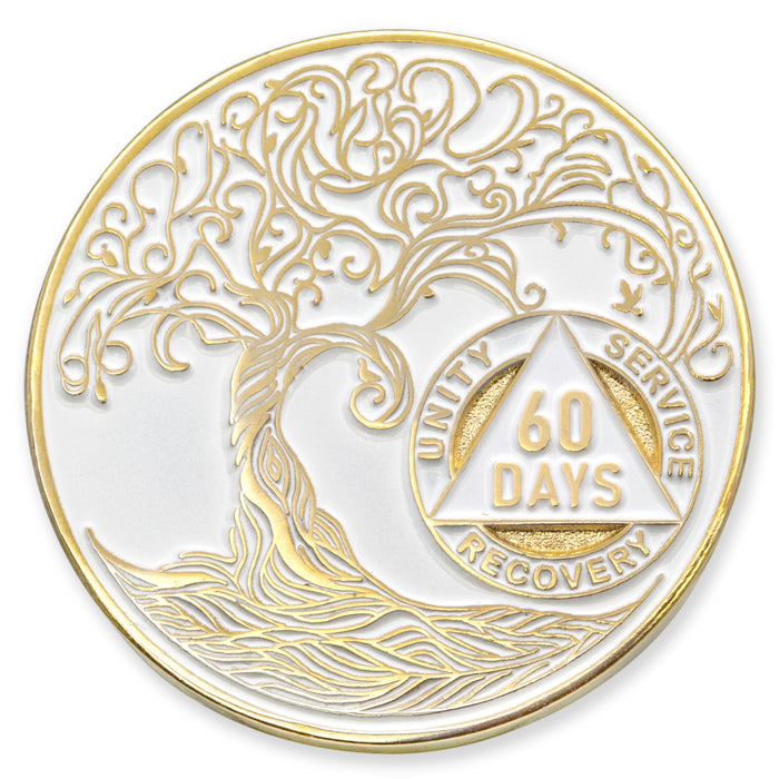 60 Days Sobriety Mint Twisted Tree of Life Gold Plated AA Recovery Medallion - 2 Months Chip/Coin - White