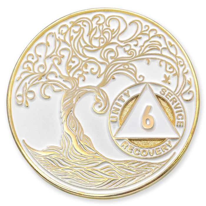 6 Year Sobriety Mint Twisted Tree of Life Gold Plated AA Recovery Medallion - Six Year Chip/Coin - White