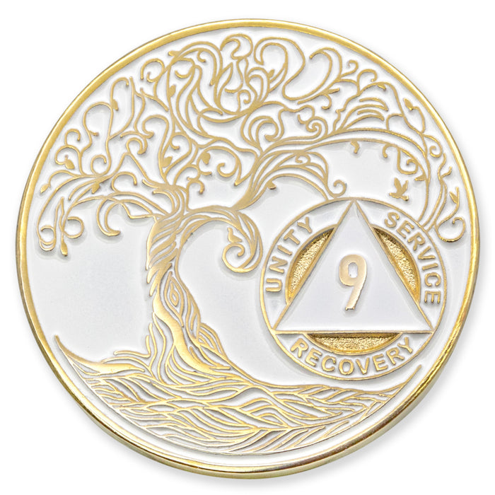 9 Year Sobriety Mint Twisted Tree of Life Gold Plated AA Recovery Medallion - Nine Year Chip/Coin - White + Velvet Case