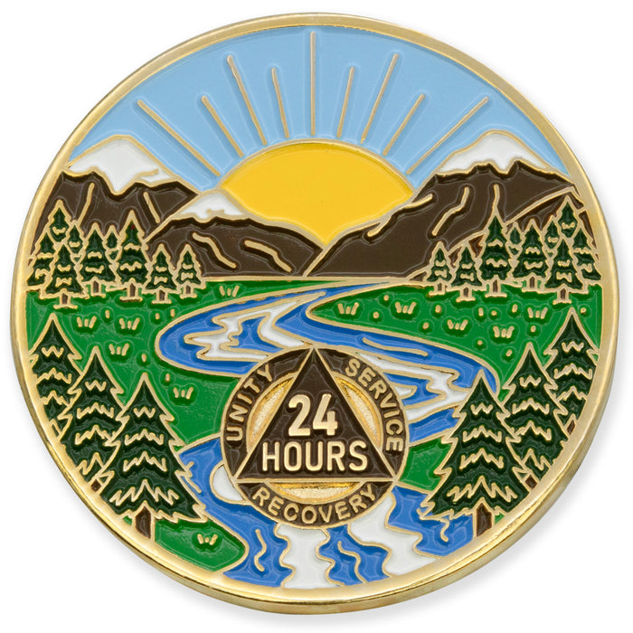 24 Hours Sobriety Mint Winding River Gold Plated AA Recovery Medallion - Twenty-Four Hours Chip/Coin