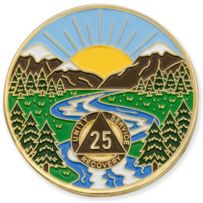 25 Year Sobriety Mint Winding River Gold Plated AA Recovery Medallion - Twenty Five Year Chip/Coin