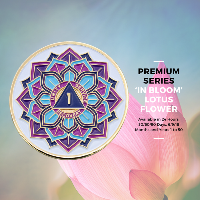 16 Year Sobriety Mint 'In Bloom' Lotus Flower Gold Plated AA Recovery Medallion - Sixteen Year Chip/Coin - White