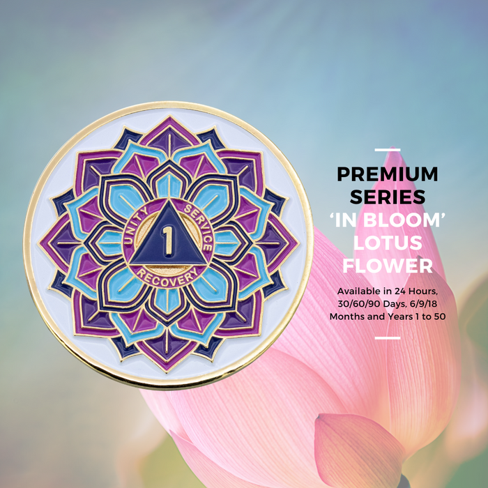 4 Year Sobriety Mint 'In Bloom' Lotus Flower Gold Plated AA Recovery Medallion - Four Year Chip/Coin - White