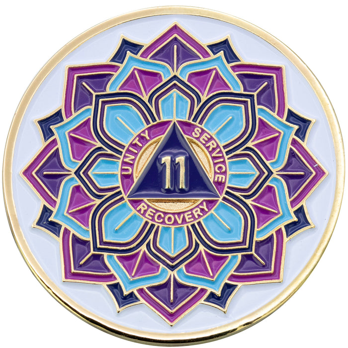 11 Year Sobriety Mint 'In Bloom' Lotus Flower Gold Plated AA Recovery Medallion - Eleven Year Chip/Coin - White