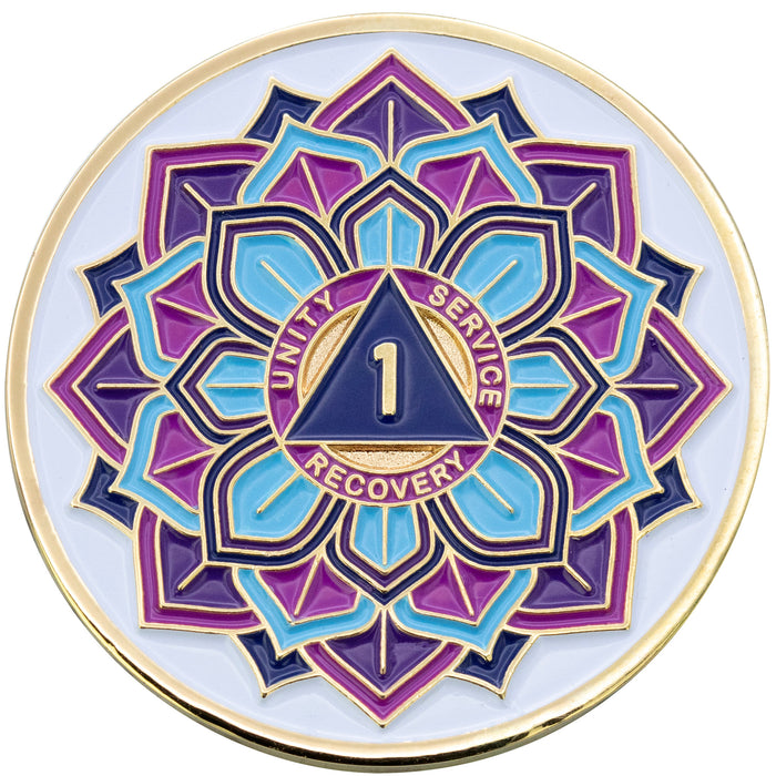 1 to 50 Year Sobriety Mint 'In Bloom' Lotus Flower Gold Plated AA Recovery Medallion/Chip/Coin - White + Velvet Box