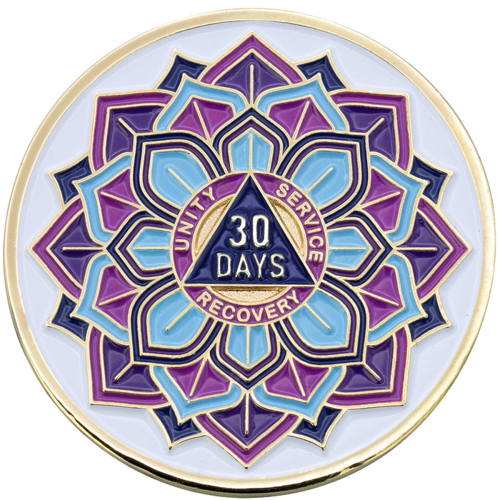 1 to 50 Year Sobriety Mint 'In Bloom' Lotus Flower Gold Plated AA Recovery Medallion/Chip/Coin - White