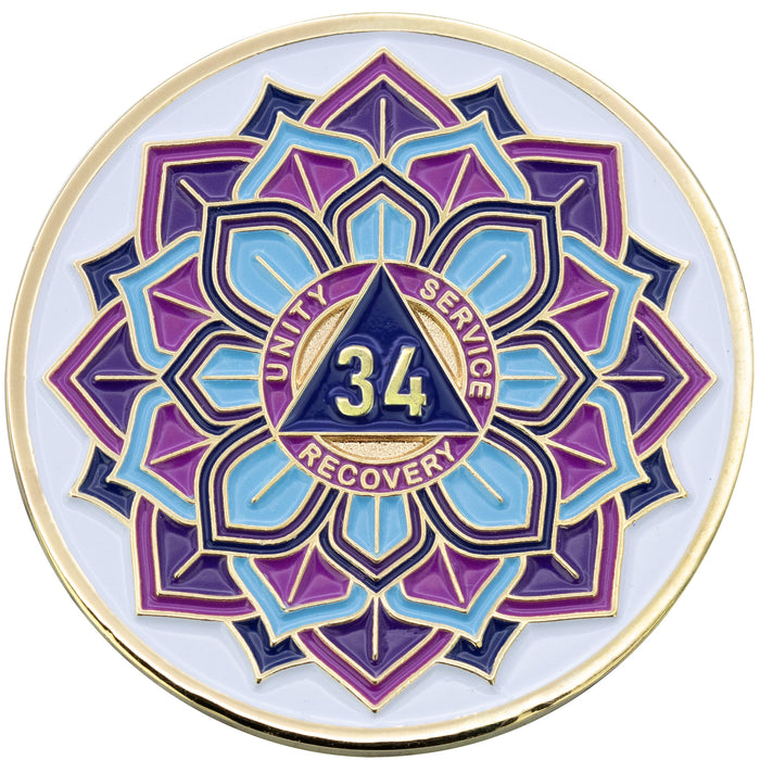 1 to 50 Year Sobriety Mint 'In Bloom' Lotus Flower Gold Plated AA Recovery Medallion/Chip/Coin - White