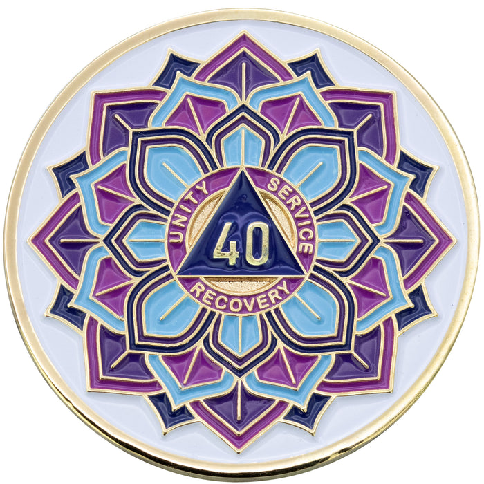 1 to 50 Year Sobriety Mint 'In Bloom' Lotus Flower Gold Plated AA Recovery Medallion/Chip/Coin - White