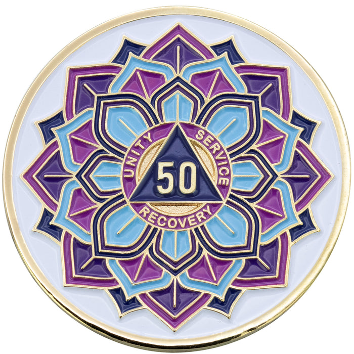 1 to 50 Year Sobriety Mint 'In Bloom' Lotus Flower Gold Plated AA Recovery Medallion/Chip/Coin - White