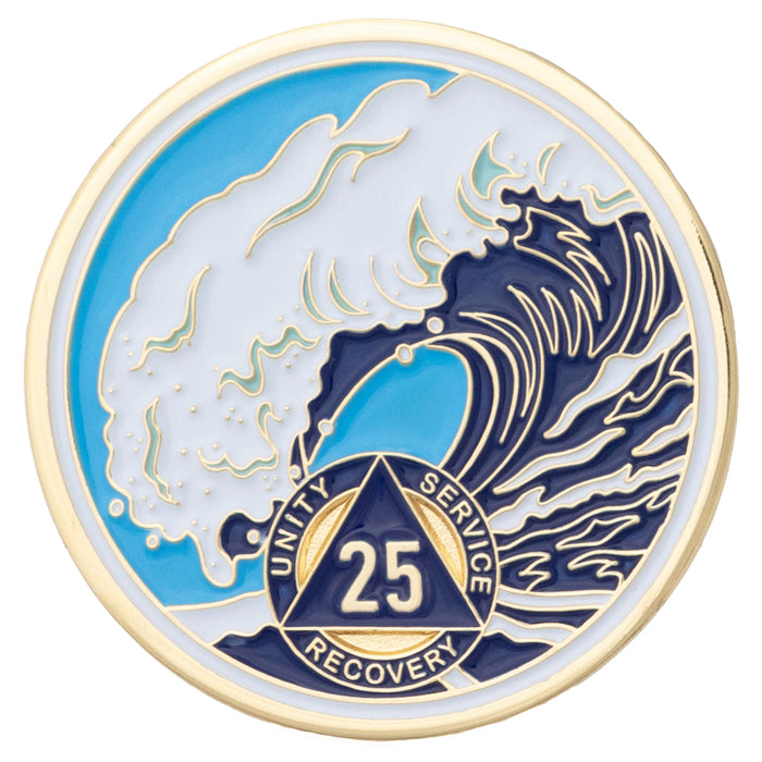 25 Year Sobriety Mint Crashing Wave Gold Plated AA Recovery Medallion - Twenty Five Year Chip/Coin - Blue/White