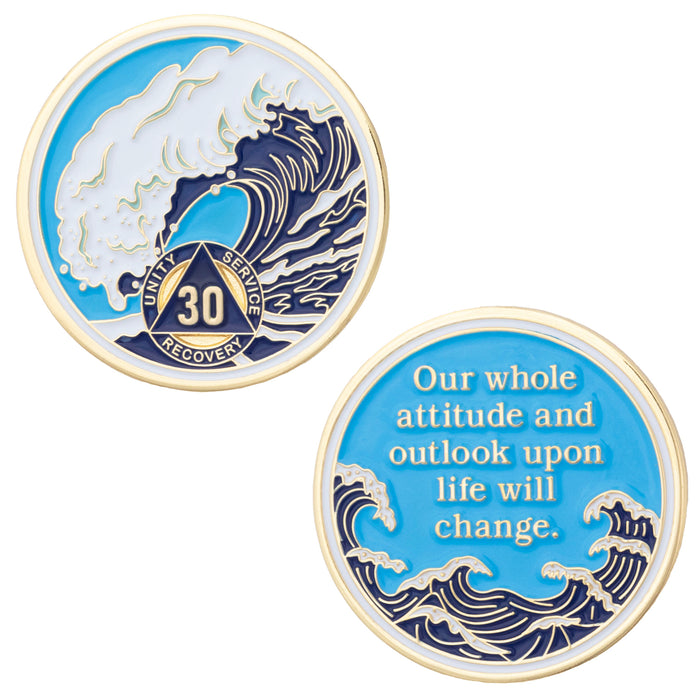 30 Year Sobriety Mint Crashing Wave Gold Plated AA Recovery Medallion - Thirty Year Chip/Coin - Blue/White + Velvet Box