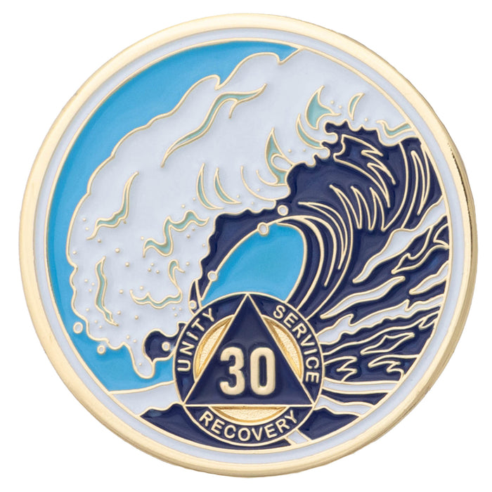 30 Year Sobriety Mint Crashing Wave Gold Plated AA Recovery Medallion - Thirty Year Chip/Coin - Blue/White + Velvet Box