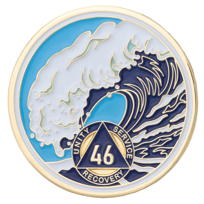 46 Year Sobriety Mint Crashing Wave Gold Plated AA Recovery Medallion - Forty Six Chip/Coin - Blue/White