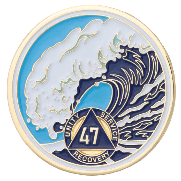 47 Year Sobriety Mint Crashing Wave Gold Plated AA Recovery Medallion - Forty Seven Year Chip/Coin - Blue/White + Velvet Box
