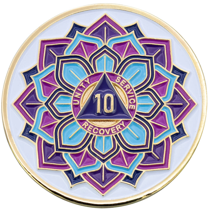 10 Year Sobriety Mint 'In Bloom' Lotus Flower Gold Plated AA Recovery Medallion - Ten Year Chip/Coin - White  + Velvet Box