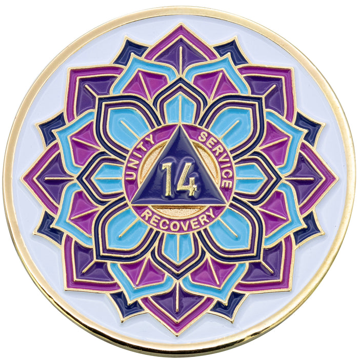 14 Year Sobriety Mint 'In Bloom' Lotus Flower Gold Plated AA Recovery Medallion - Fourteen Year Chip/Coin - White