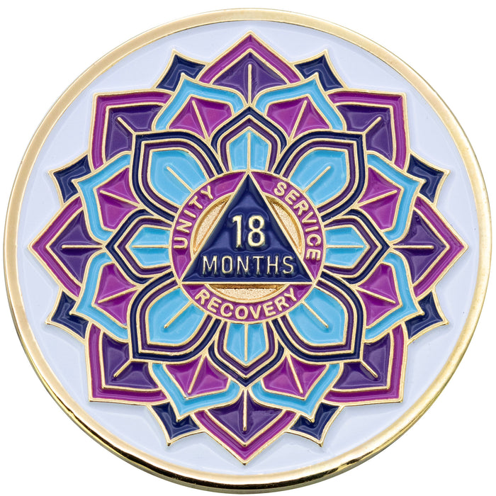 18 Month Sobriety Mint 'In Bloom' Lotus Flower Gold Plated AA Recovery Medallion - Eighteen Months Chip/Coin - White + Velvet Case