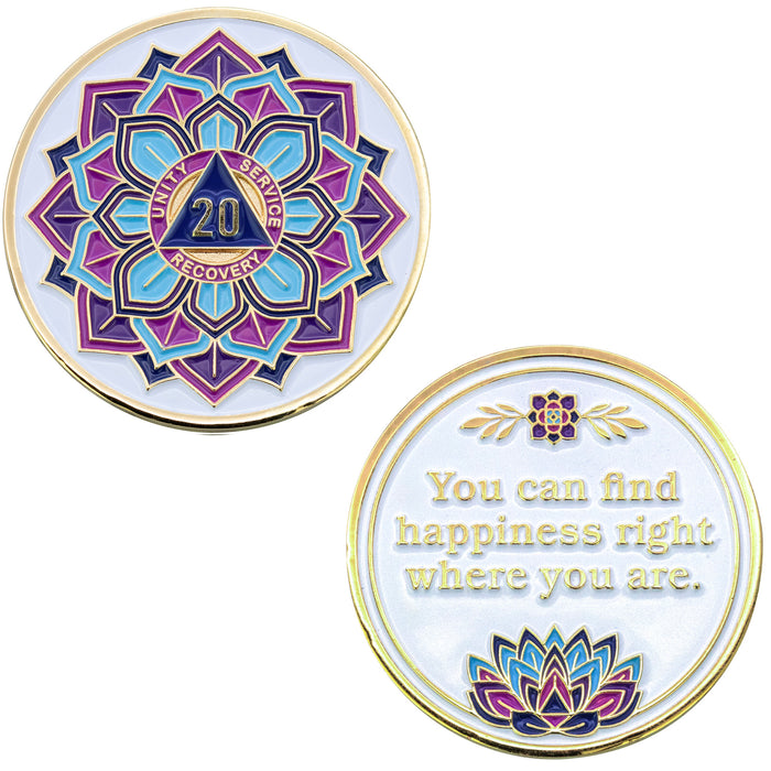 20 Year Sobriety Mint 'In Bloom' Lotus Flower Gold Plated AA Recovery Medallion - Twenty Year Chip/Coin - White