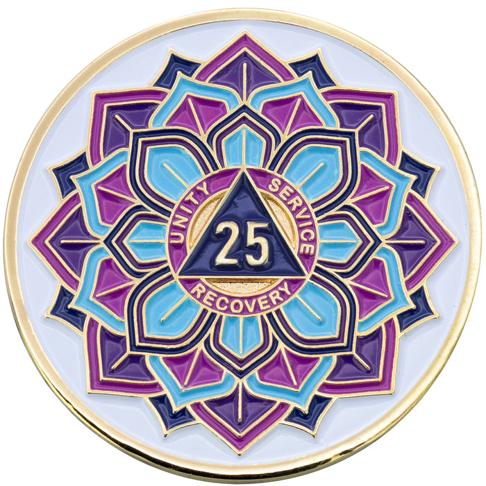 25 Year Sobriety Mint 'In Bloom' Lotus Flower Gold Plated AA Recovery Medallion - Twenty-Five Year Chip/Coin - White