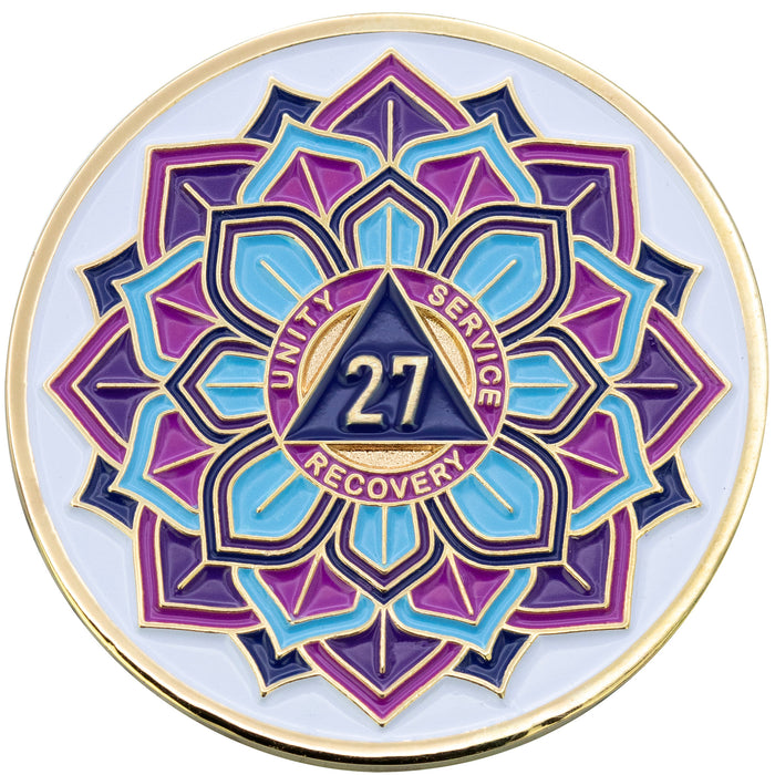 27 Year Sobriety Mint 'In Bloom' Lotus Flower Gold Plated AA Recovery Medallion - Twenty-Seven Year Chip/Coin - White  + Velvet Box