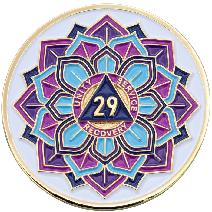 29 Year Sobriety Mint 'In Bloom' Lotus Flower Gold Plated AA Recovery Medallion - Twenty-Nine Year Chip/Coin - White  + Velvet Box