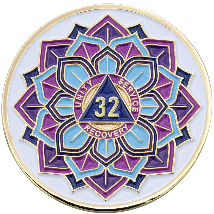 32 Year Sobriety Mint 'In Bloom' Lotus Flower Gold Plated AA Recovery Medallion - Thirty-Two Year Chip/Coin - White