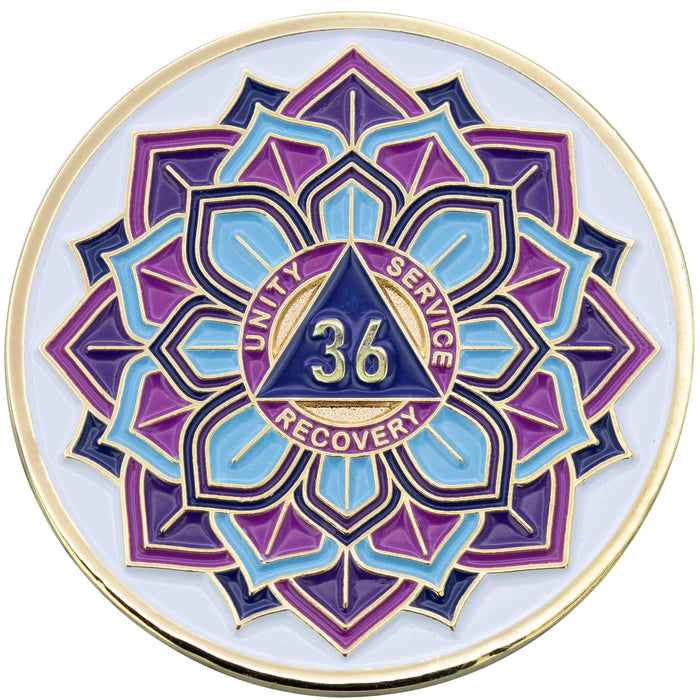 36 Year Sobriety Mint 'In Bloom' Lotus Flower Gold Plated AA Recovery Medallion - Thirty-Six Year Chip/Coin - White