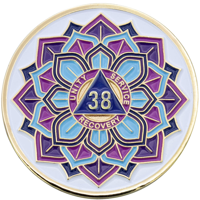38 Year Sobriety Mint 'In Bloom' Lotus Flower Gold Plated AA Recovery Medallion - Thirty-Eight Year Chip/Coin - White  + Velvet Box