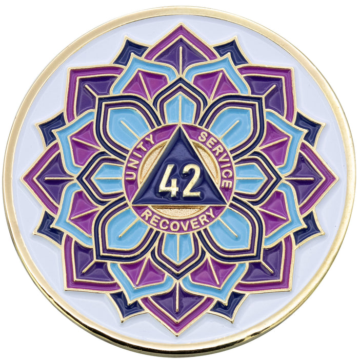 42 Year Sobriety Mint 'In Bloom' Lotus Flower Gold Plated AA Recovery Medallion - Forty-Two Year Chip/Coin - White