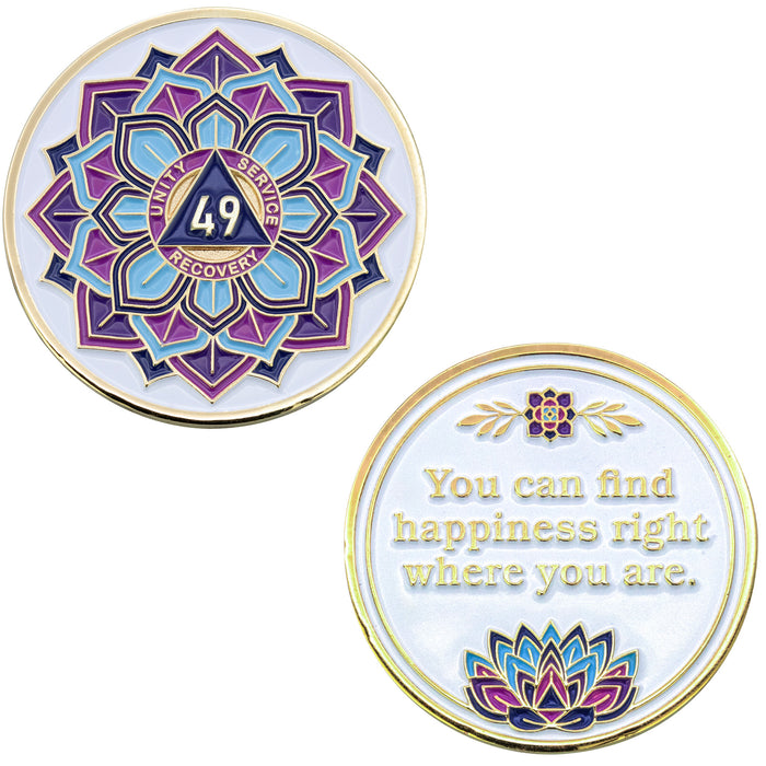 49 Year Sobriety Mint 'In Bloom' Lotus Flower Gold Plated AA Recovery Medallion - Forty-Nine Year Chip/Coin - White  + Velvet Box