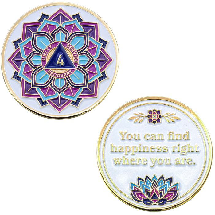 4 Year Sobriety Mint 'In Bloom' Lotus Flower Gold Plated AA Recovery Medallion - Four Year Chip/Coin - White  + Velvet Box