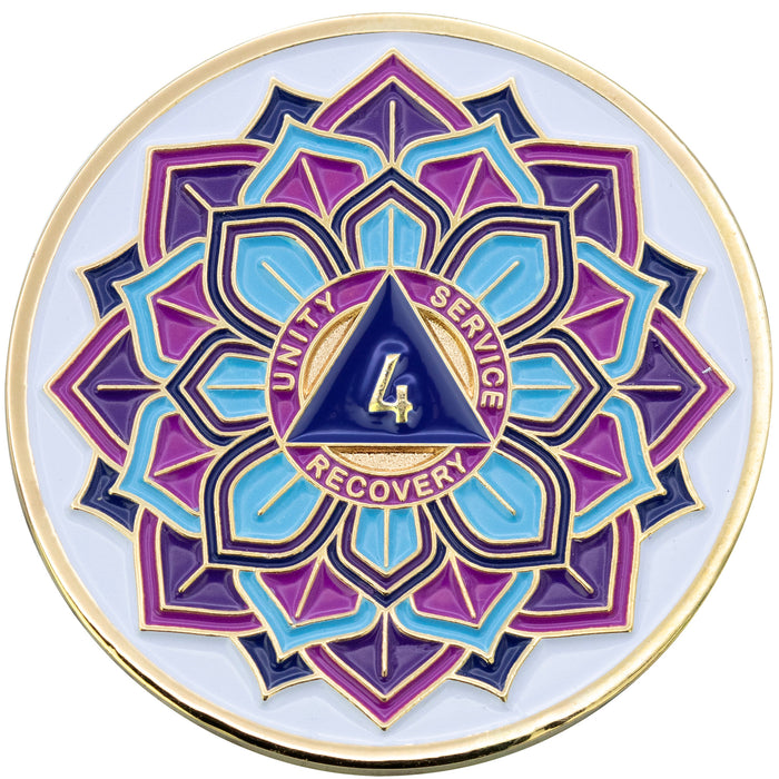 4 Year Sobriety Mint 'In Bloom' Lotus Flower Gold Plated AA Recovery Medallion - Four Year Chip/Coin - White  + Velvet Box