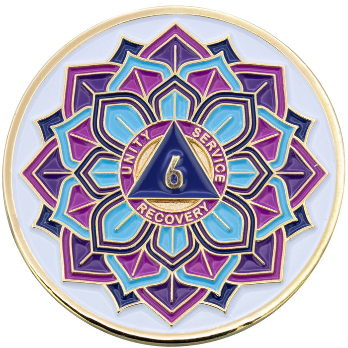 6 Year Sobriety Mint 'In Bloom' Lotus Flower Gold Plated AA Recovery Medallion - Six Year Chip/Coin - White
