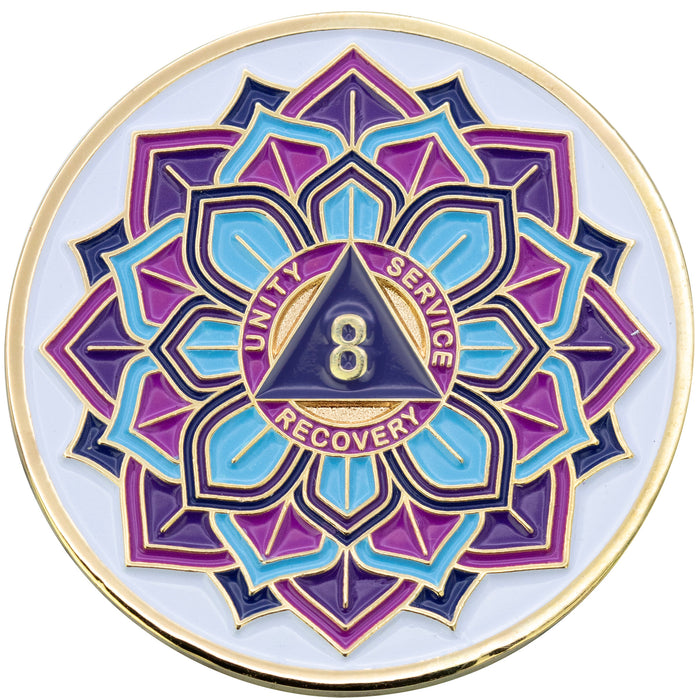8 Year Sobriety Mint 'In Bloom' Lotus Flower Gold Plated AA Recovery Medallion - Eight Year Chip/Coin - White  + Velvet Box