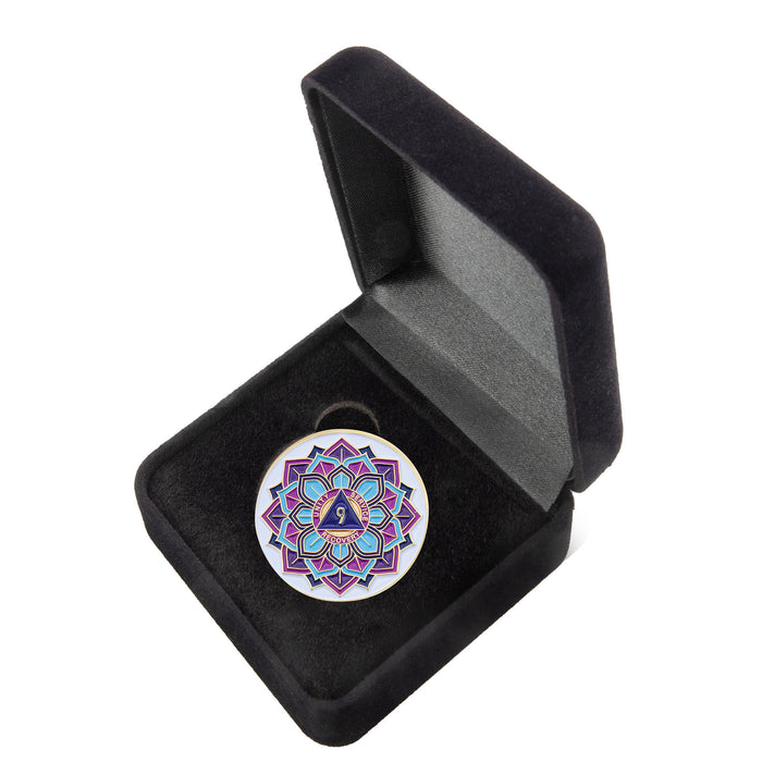 9 Year Sobriety Mint 'In Bloom' Lotus Flower Gold Plated AA Recovery Medallion - Nine Year Chip/Coin - White  + Velvet Box