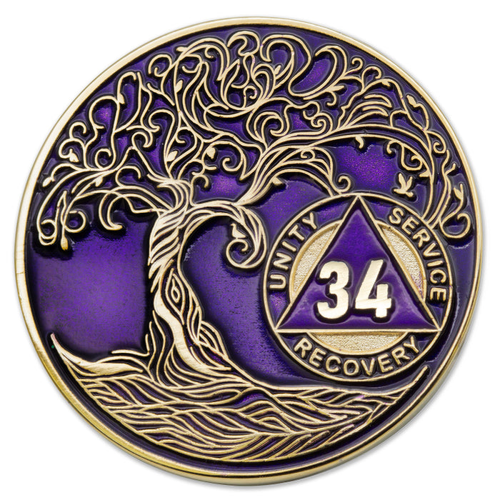 34 Year Sobriety Mint Twisted Tree of Life Gold Plated AA Recovery Medallion/Chip/Coin - Purple + Velvet Box