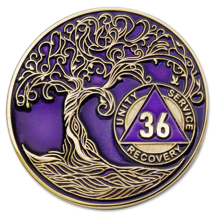 36 Year Sobriety Mint Twisted Tree of Life Gold Plated AA Recovery Medallion/Chip/Coin - Purple + Velvet Box
