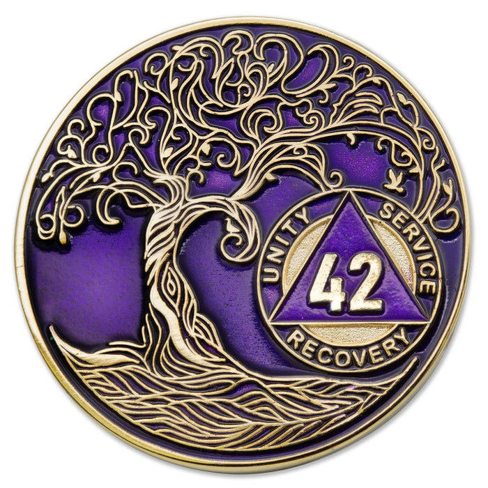 42 Year Sobriety Mint Twisted Tree of Life Gold Plated AA Recovery Medallion - Forty-Two Year Chip/Coin - Purple