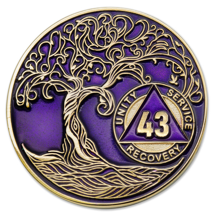 43 Year Sobriety Mint Twisted Tree of Life Gold Plated AA Recovery Medallion/Chip/Coin - Purple + Velvet Box