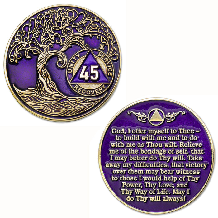 45 Year Sobriety Mint Twisted Tree of Life Gold Plated AA Recovery Medallion - Forty-Five Year Chip/Coin - Purple