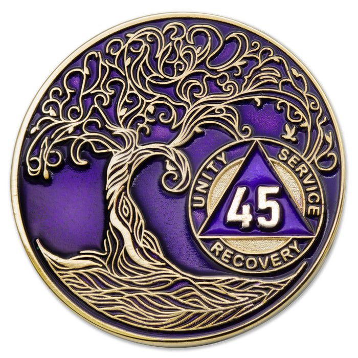 45 Year Sobriety Mint Twisted Tree of Life Gold Plated AA Recovery Medallion/Chip/Coin - Purple + Velvet Box