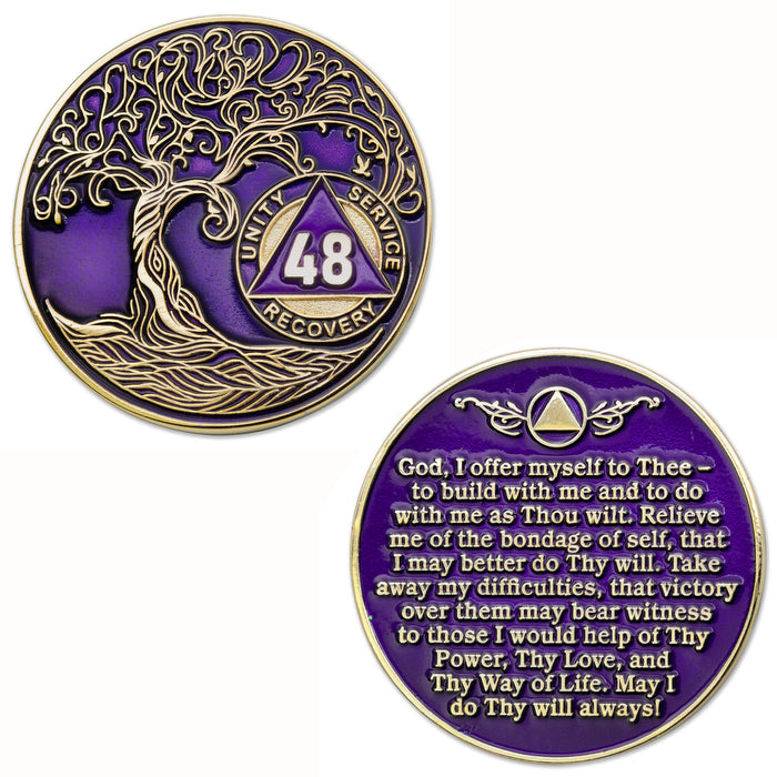 48 Year Sobriety Mint Twisted Tree of Life Gold Plated AA Recovery Medallion/Chip/Coin - Purple + Velvet Box