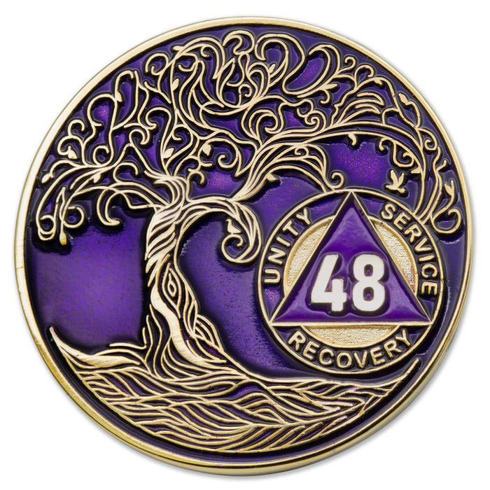 48 Year Sobriety Mint Twisted Tree of Life Gold Plated AA Recovery Medallion/Chip/Coin - Purple + Velvet Box