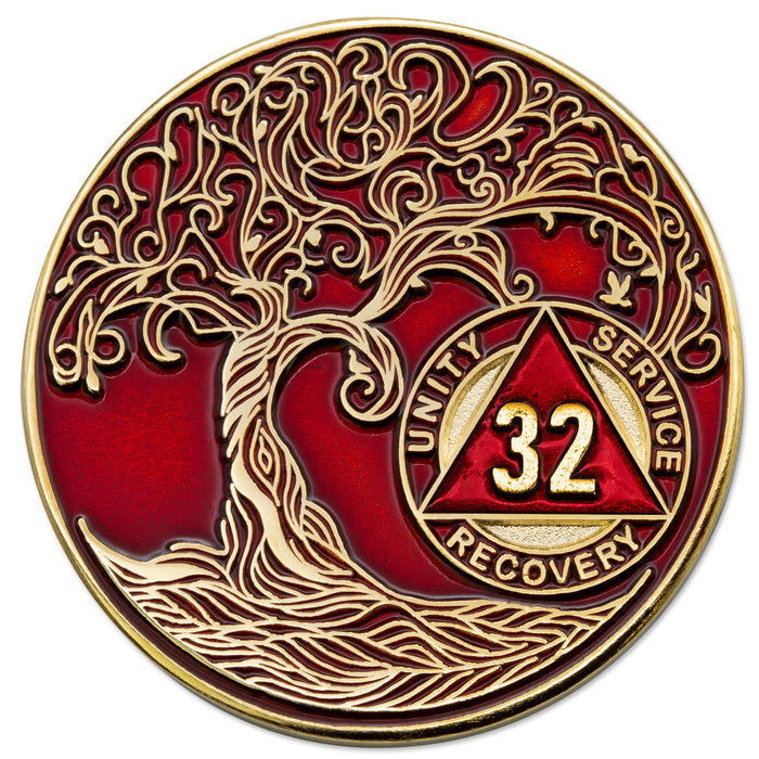 32 Year Sobriety Mint Twisted Tree of Life Gold Plated AA Recovery Medallion - Thirty-Two Year Chip/Coin - Red