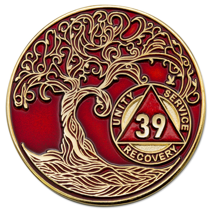 39 Year Sobriety Mint Twisted Tree of Life Gold Plated AA Recovery Medallion - Thirty-Nine Year Chip/Coin - Red + Velvet Box