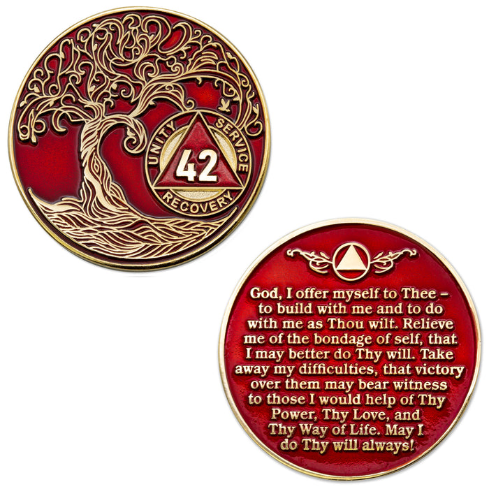 42 Year Sobriety Mint Twisted Tree of Life Gold Plated AA Recovery Medallion - Forty-Two Year Chip/Coin - Red