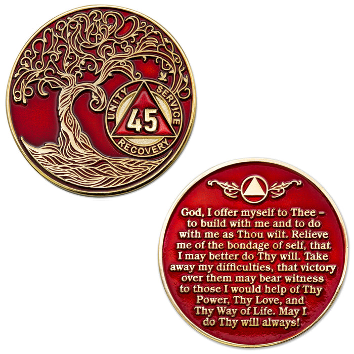 45 Year Sobriety Mint Twisted Tree of Life Gold Plated AA Recovery Medallion - Forty-Five Year Chip/Coin - Red